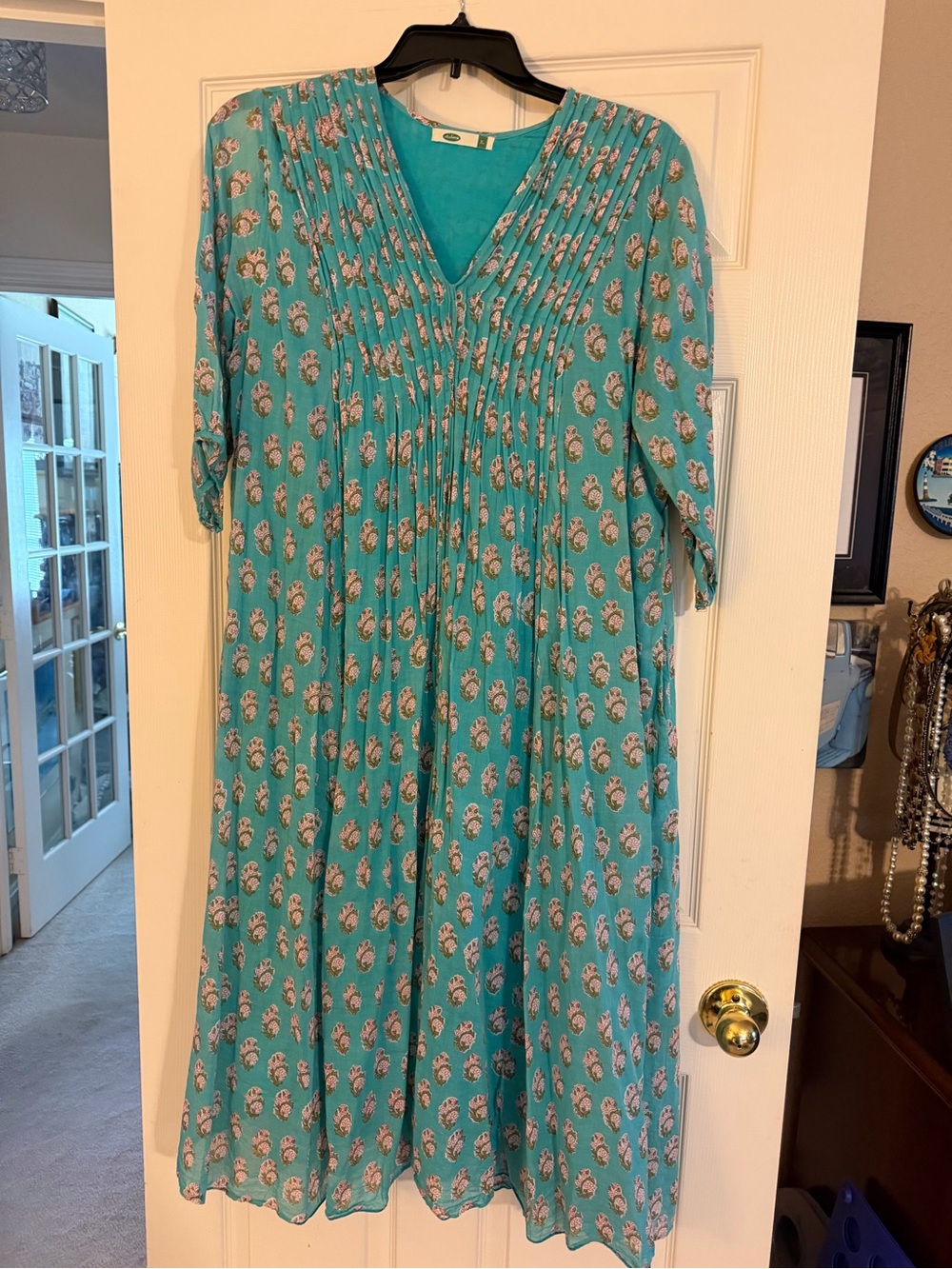Teal Floral Midi Dress with Pleated Front